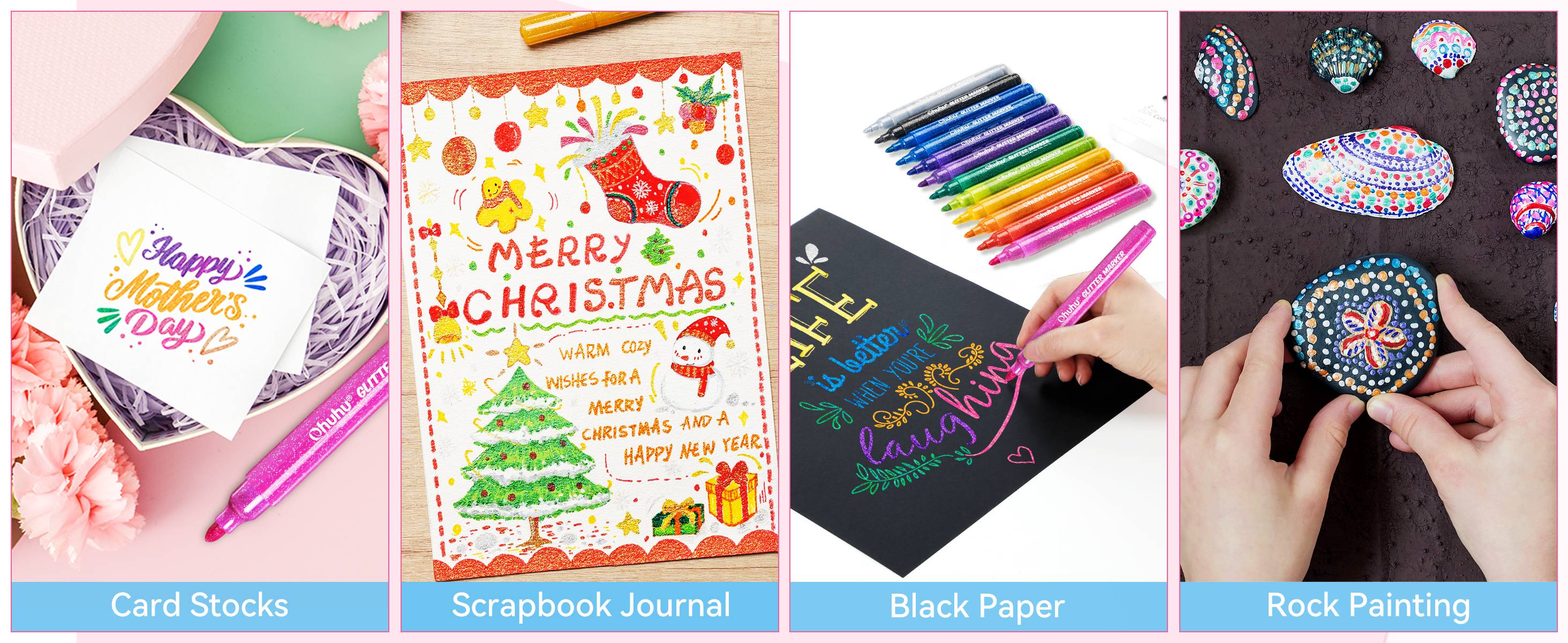 Ohuhu Glitter Markers Pen: Fine Tip - 12 Glitter Colors - 0.7mm/3mm - Metallic Shimmer Marker Fine Tip Water-based Ink for Kids Adults DIY Crafts Greeting Birthday Cards Making Mugs Wood - Glitter Markers Series of Ohuhu