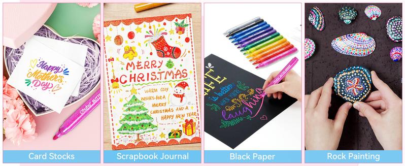 Ohuhu Glitter Markers Pen: Fine Tip - 12 Glitter Colors - 0.7mm/3mm - Metallic Shimmer Marker Fine Tip Water-based Ink for Kids Adults DIY Crafts Greeting Birthday Cards Making Mugs Wood