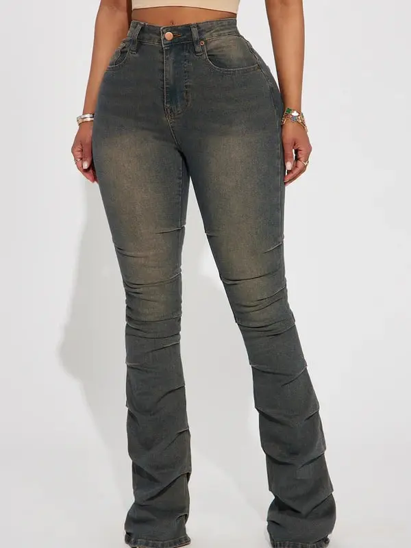 Fashion-Forward Dark Wash Bootcut Jeans Stacked Layers Wide-Thigh Fit Stylish Flare for Women