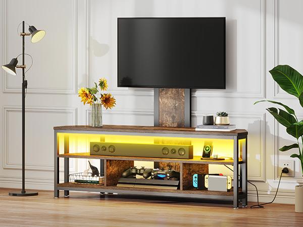DWVO LED TV Stand with Mount and Power Outlet, TV Stand Mount for 65 inch TVs,Height Adjustable Mount, Entertainment Center Corner Media Console, Rustic Brown