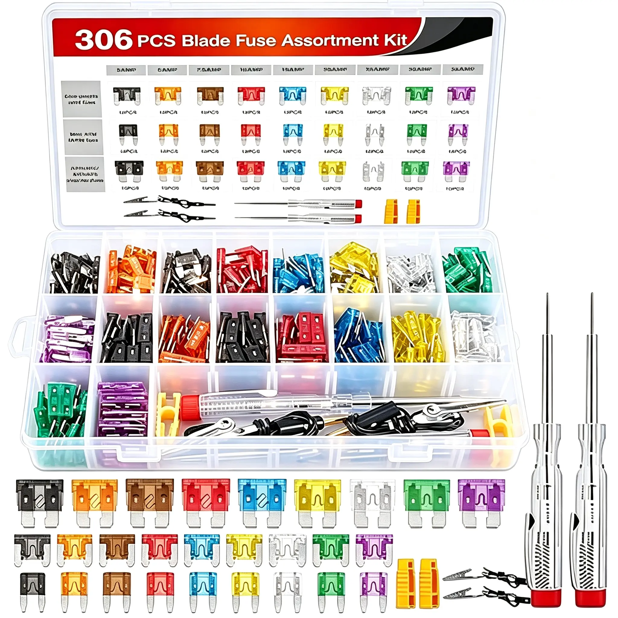 Fuse Assortment Kit,306pcs Car Boat Truck SUV Auto Automotive Assorted Replacement Blade Fuses Standard & Mini & Low Profile Mini-2A 5A 7.5A 10A 15A 20A 25A 30A 35A with Fuse Puller Circuit Tester