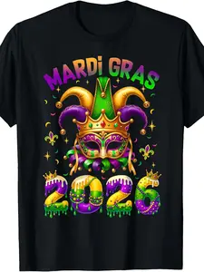 Cotton Mens Mardi Gras 2026 Jester Costume TShirt Happy Carnival Party Outfit with Jester Hat Design Compatible with Jester Hats Casual Round Neck Tee for Parades Masquerade Balls Themed Events Machine Washable