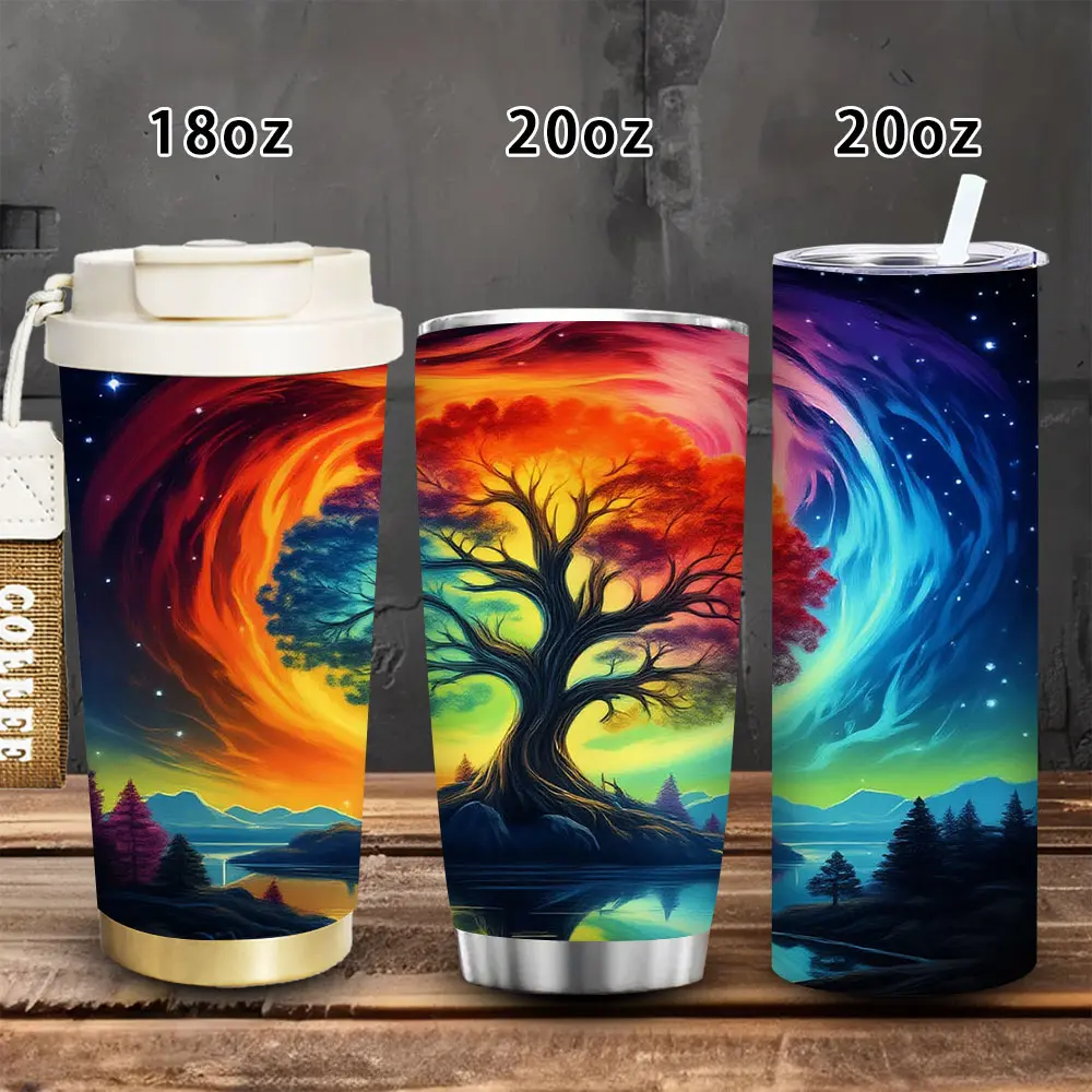 1pc Vibrant Swirling Tree Vacuum Flask Tumbler - 18oz/20oz Insulated Winter Travel Mug with Lid and Straw, Office Coffee Cup, Ideal Valentine's Day & Birthday Gift for Women, Portable Kitchenware Drinkware