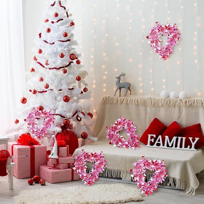 Valentine's Day Decoration Heart Wreath 8/6/3 Pcs Pink Heart Shaped Wreath for Front Door Romantic Decor Tinsel Heart Door Hanger Wreath for Window Wall Fireplaces Anniversarry Wedding Birthday Party Home Kitchen Cabinet Indoor Outdoor Spring Decor