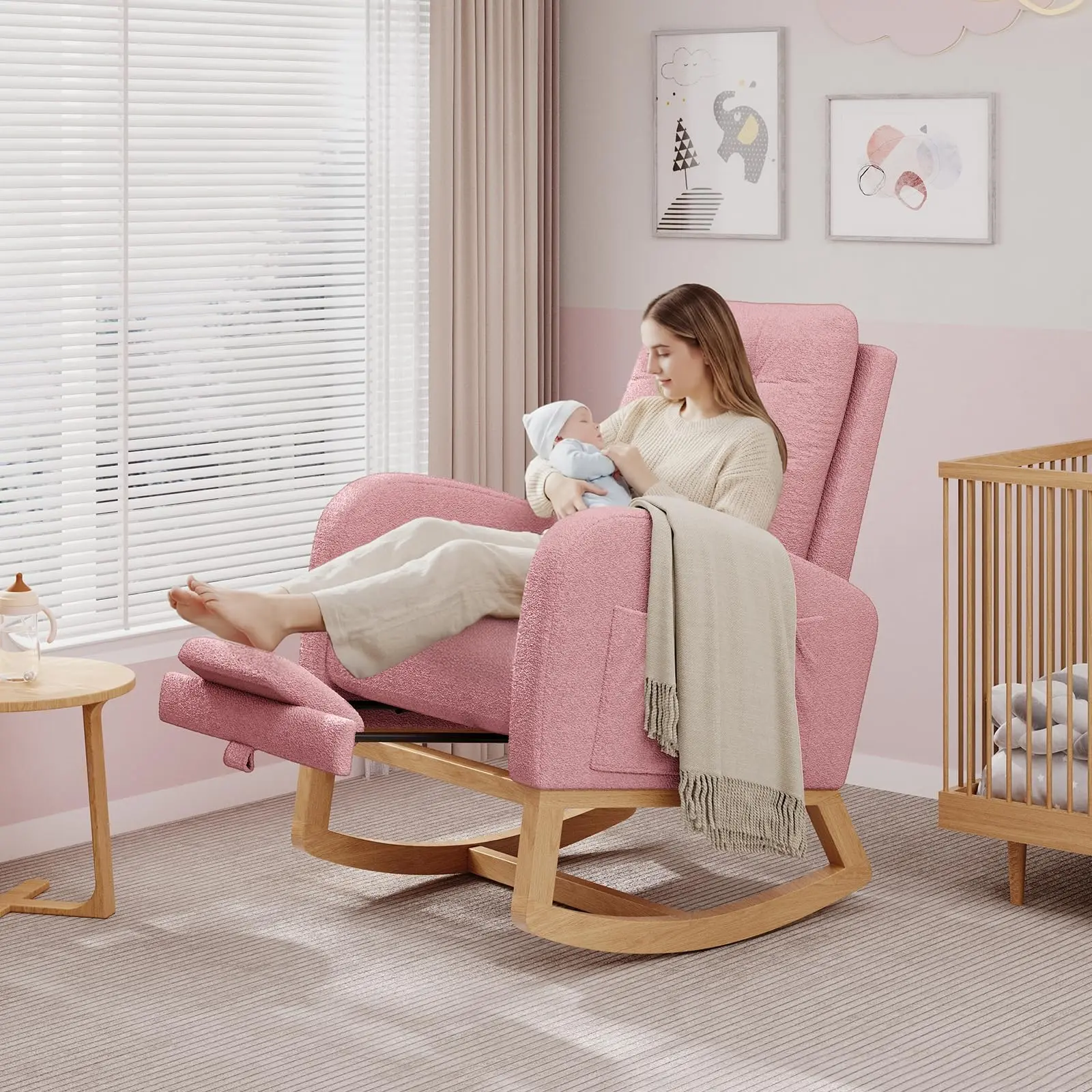 Modern Rocking Reclining Armchair - High Backrest, Plush Seat, Wooden Legs, Reclining Footrest, Side Pocket, Wooden Rocking Armchairs for Living Room & Bedroom, Rocking Reclining Armchairs