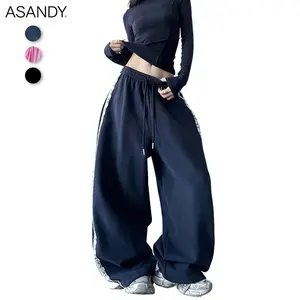 ASANDY Navy Blue Oversized Sweatpants Lace Trim Wide-Leg High Waist Drawstring Trousers Cozy Aesthetic Casual Wear for Women