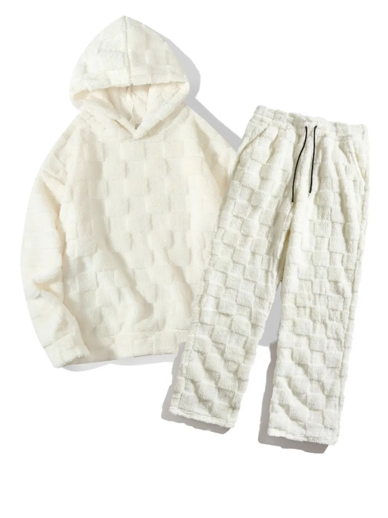 Men's Plush Fluffy Checkered Tracksuit, Hoodie & Joggers Set, Soft Fluffy Fabric, Casual & Lounge Wear, Textured Sweatsuit, Casual Sweatsuits Set, Hooded Tracksuit Set