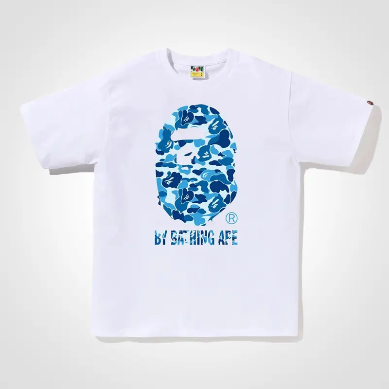 BAPE Abc Camo By Bathing Ape Tee Blue Camouflage Ape Head Graphic Print Cotton T-Shirt Unisex Loose Fit Streetwear Menswear Top