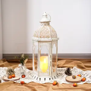 Decorative Candle Lantern 15''H Vintage Metal Candle Holder for Garden Living Room Indoor Outdoor Parties Weddings Patio(White with Gold Brush)