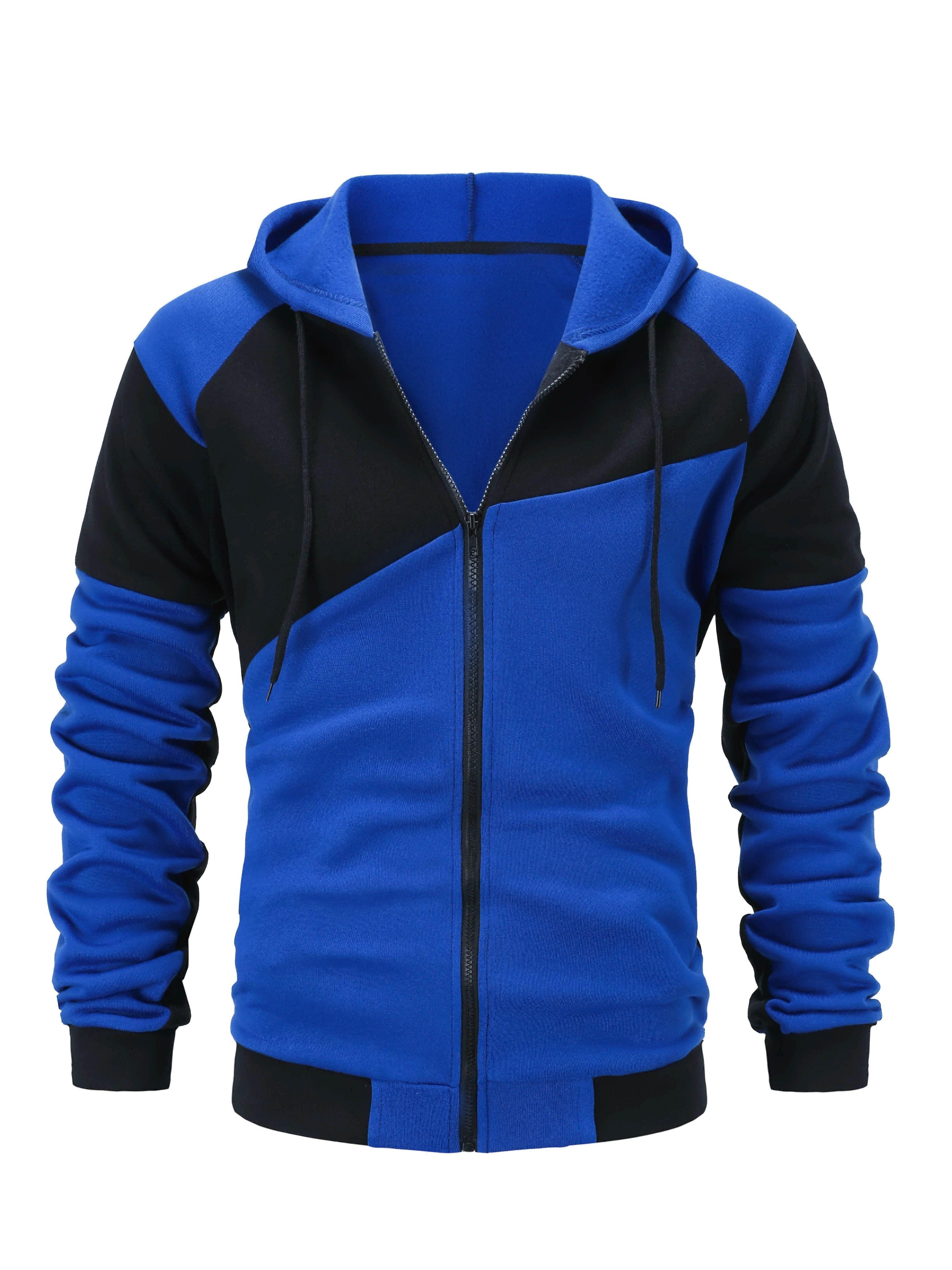Fashionable Men's Color Block Hooded Sports Set – Zippered 2-Piece Casual Sportswear, Suitable for Everyday Wear