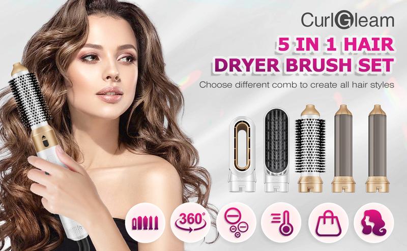 5-in-1 Curling Iron Set, Curling Wand with 1 straightening brush 1 hair dryer and Interchangeable 3 Curling Irons, Dual Voltage Hair Waver