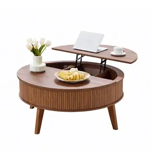 Giratree 35.4" Round Lift Top Coffee Table with Storage, Fluted Wood Mid-Century Modern Center Table with Lifting Top for Living Room, Office, Small Spaces