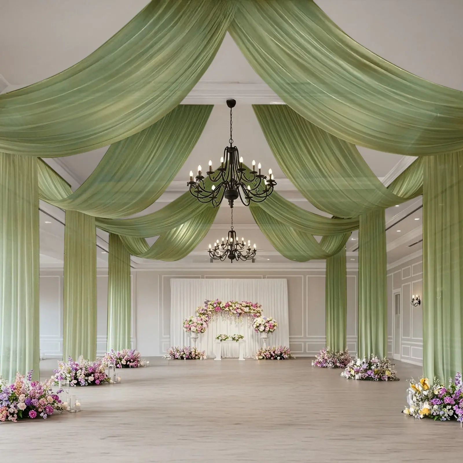 Dusty Sage Green Sheer Wedding Arch Drape Sheet (5ftx32ft Rectangular) - Machine-Wash Cold, Easy-Clean Home/Festive Supply, Ceiling Drape Fit for Party Background Decoration, Arch Trellis Festive Backdrops & Banners, Dustysage Romance Events