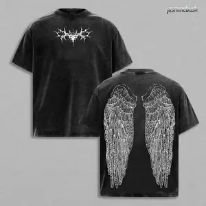 Y2K Gothic Wing Hoodie – Dark Oversized Vintage Hoodie | Washed Wing Graphic T-Shirt for Grunge Streetwear & Anime-Inspired Fashion
