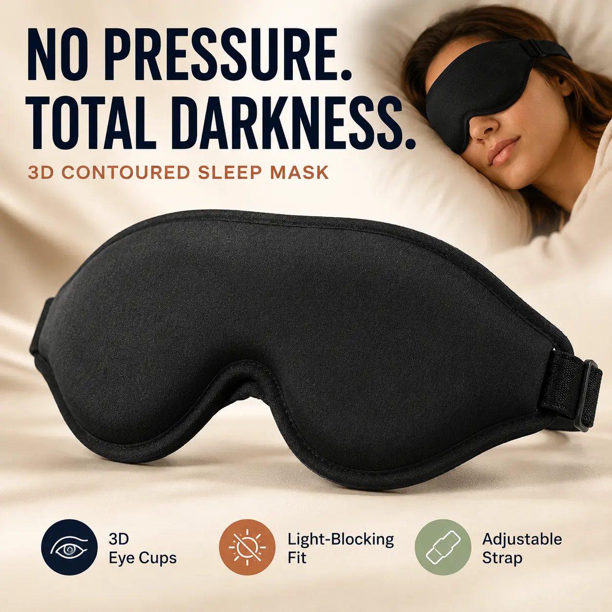 3D Memory Foam Sleep eye Mask - Lightweight, No-Pressure, Light-Blocking, Adjustable Fit, Gentle on Skin, Optimized Shape for Deep Sleep Blackout 