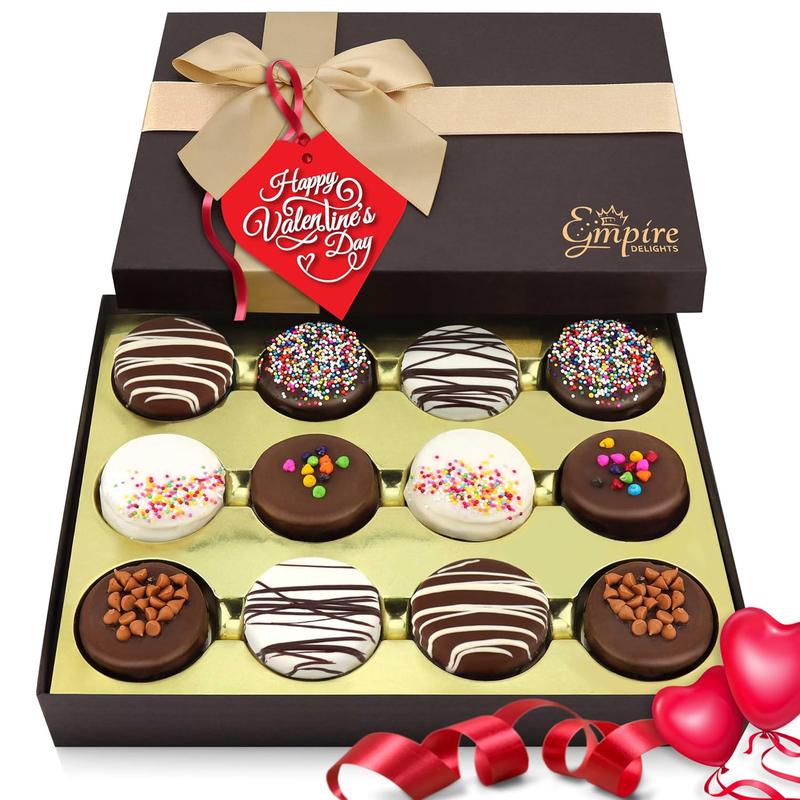 HOT - Valentines Day Cookies Gift Basket – Chocolate Covered Cookies – Fancy Valentines Day Gifts for Her – Romantic 12-Count Gift Basket