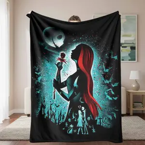 Gothic Romance Flannel Blanket Halloween Night Silhouette Rose Art Print Soft Warm Cozy Lightweight for Bedroom Living Room Sofa Gift for Couples Parties Holiday Decor