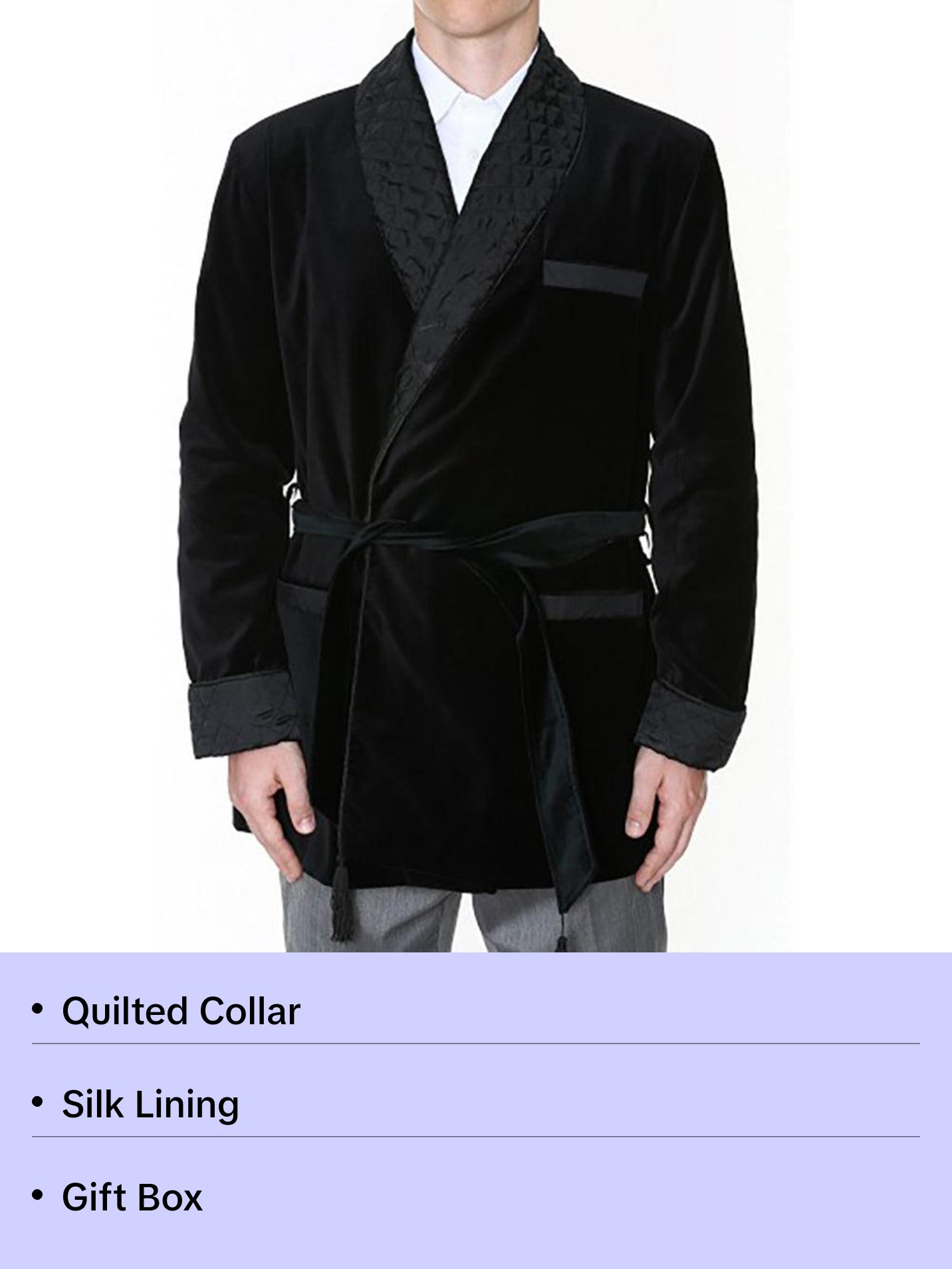 Velvet Smoking Jacket - Black with Quilted Collar