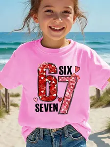 Girls' "6 Six 7 Seven" Heart Number Graphic T-Shirt - Glittery Pink & Red Heart Print Short Sleeve Tee, Casual Pink Cotton Top for Kids