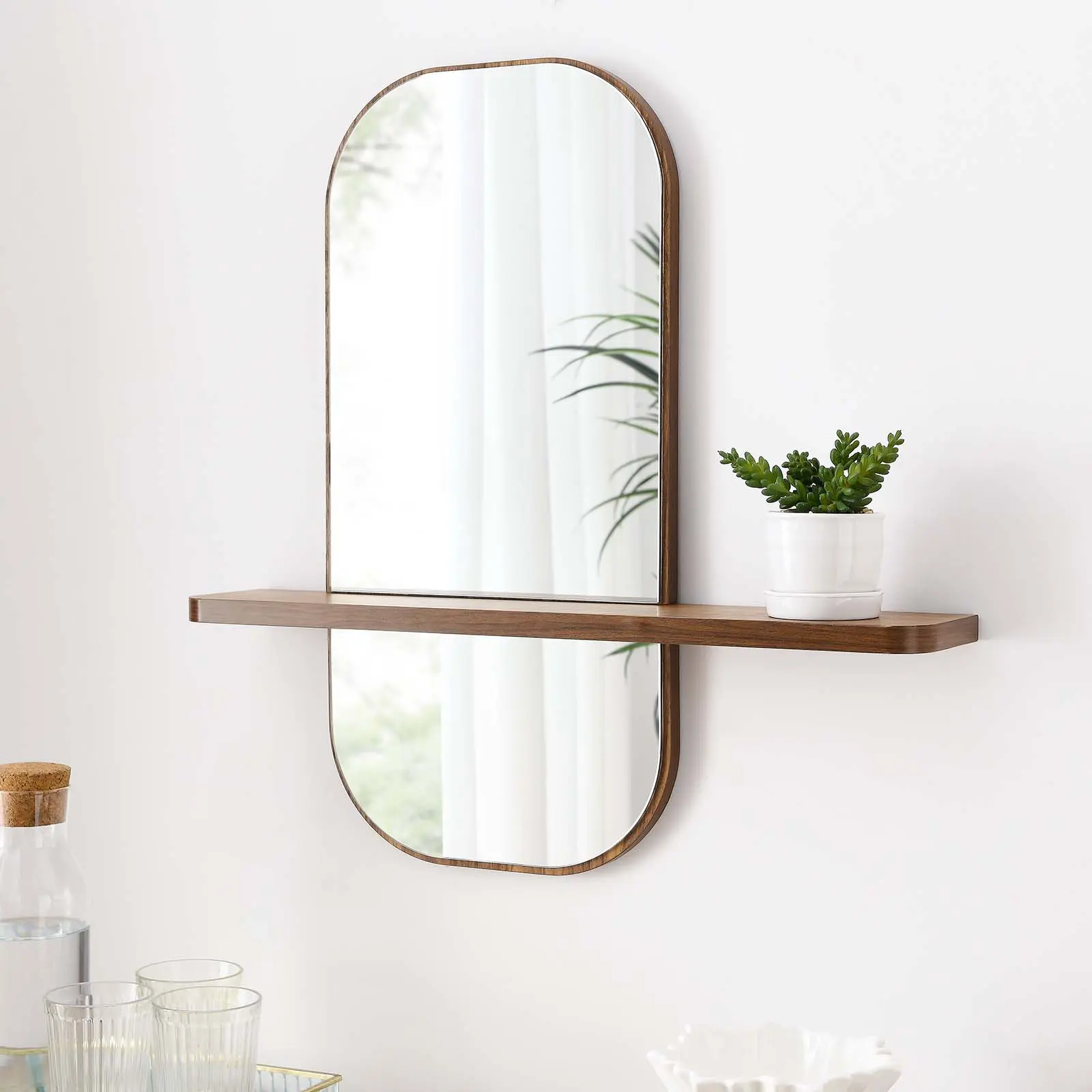 Modway Solstice Modern Vanity Interior Mirror - Walnut Finish, Contemporary Rectangle Shape, Split Design Shelf, Minimal Assembly Wall Hanging Home Decor Items for Entryway