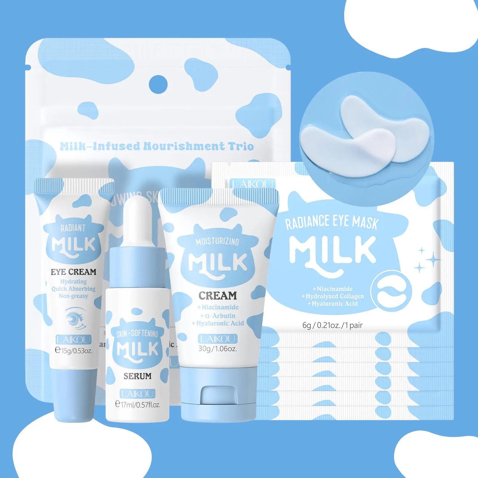 Milk Hydrating Travel-Size Skincare Set Hydration Set Brightening Glowing Skin Kit, Hyaluronic, Includes Serum 17ml, Eye Cream 15g, Moisturizing Cream 30g, Lip Mask, Eye Mask & Mask, Hydrating Soothing, Best Gift, Hydrating Moisturizer Set