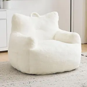 Giant Bean Bag Chair for Adults Oversized Plush Fluffy Cat Shaped Couch with Armrest & Side Pocket Beige Modern Design Faux Fur Fabric High Resilience Foam Chunk Filling No Assembly Required