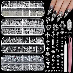 Fashionable silver nail accessories and gemstone set, 4 boxes of nail gemstone silver diamond nails, 3D Y2K accessory nail decoration, cross jewelry nail design star, caviar bead nail art, nail decoration set