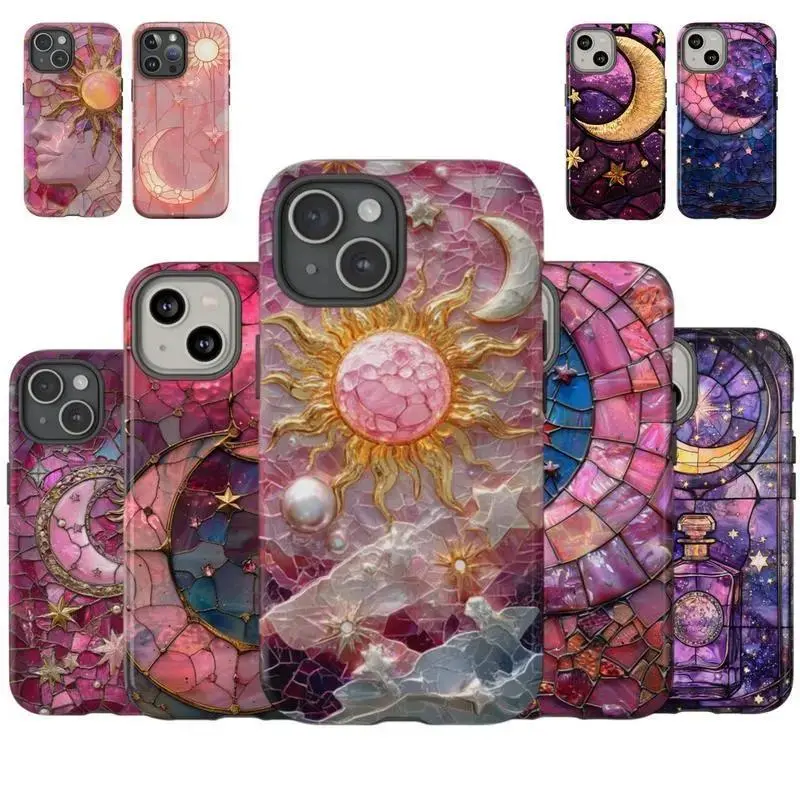 Celestial Sun and Moon Mosaic iPhone Case, Pink Gold Galaxy Phone Shell, Glossy Case For iPhone 17 Pro Max 16 Plus 15 14 13 Mini 12 11, Samsung Galaxy S25, S24, S23, S22, S21 Ultra