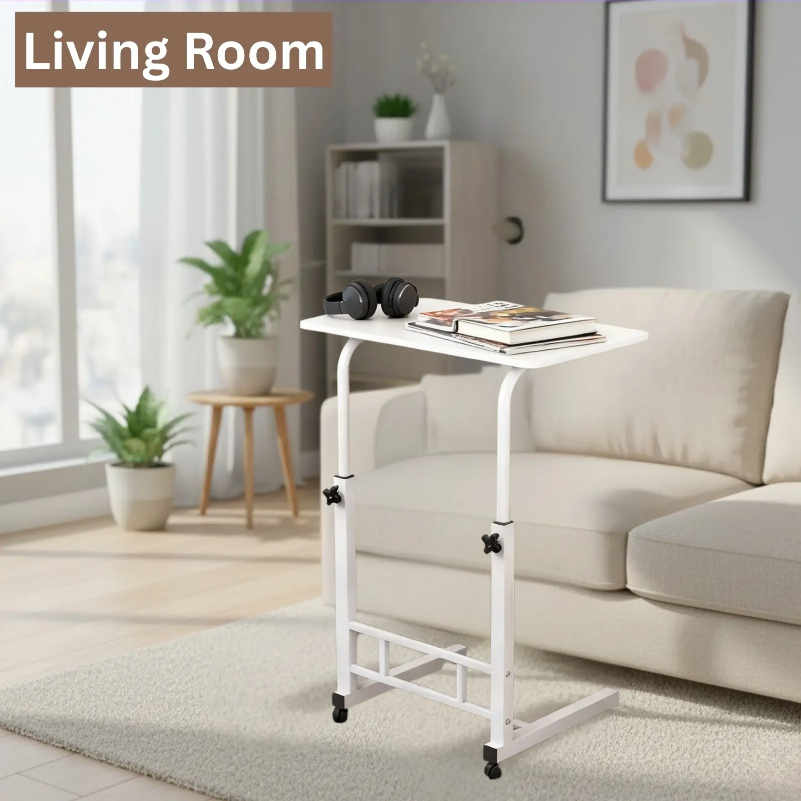 SENROB Mobile Standing Computer Desk - Rectangle, Height-Adjustable (25.98" to 35.43") Rolling Laptop Cart with Wheels, Portable C-Shape Standing Desk Converter for Walking Pad, Home Office Mobile Workspace, White, C-Shape Workstation
