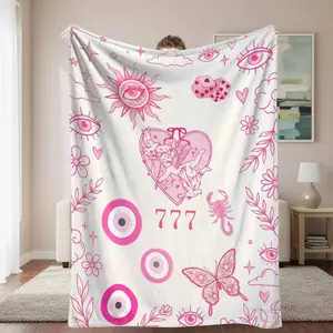 Pink Mystic Elements Flannel Blanket with Sun Eye Heart Doves Butterfly and Dice Print， Soft Cozy Lightweight， Perfect for Bedroom Sofa Reading Lounge Gift and Romantic Occasions