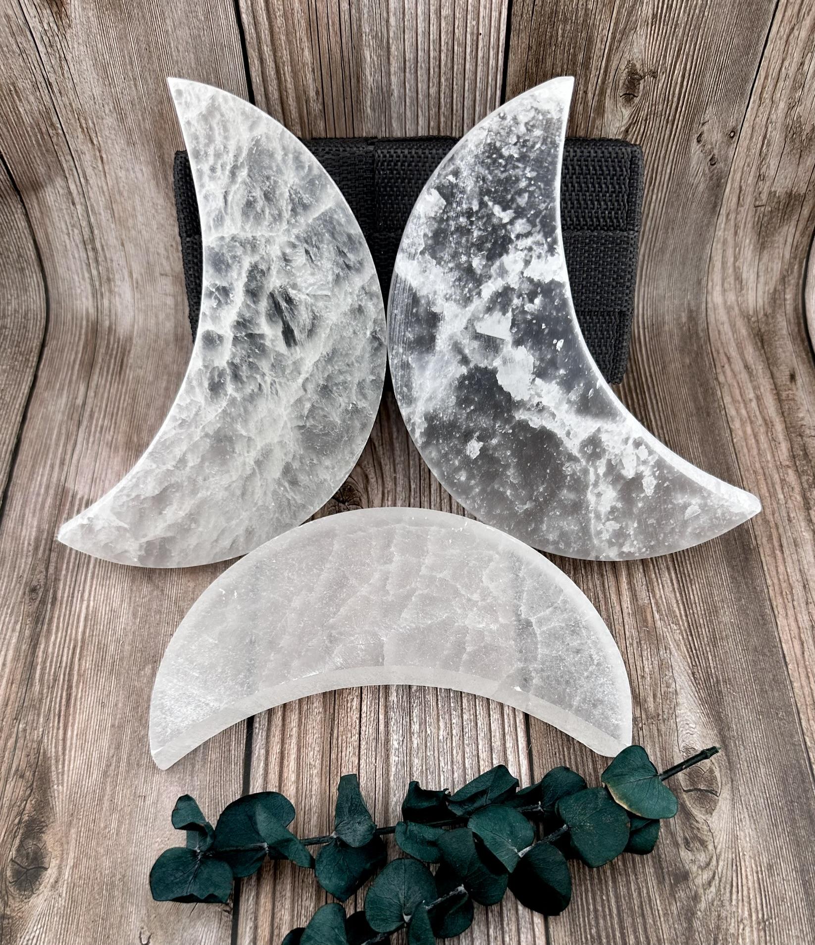 Natural Genuine Selenite moon Charging plates, crescent and full moon selenite plates for decor charging crystals candle plate natural healing and protective Selenite plates, moon phase decor