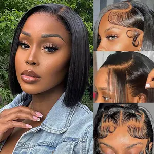 Glueless Staight Short Bob Wig 5x5 Pre Plucked Hairline Pre-Cut  Lace Wig 180% Density HD Transparent Lace Closure Wigs Human Hair for Black Women Short Straight Bob Wigs No Glue Lace Closure Wigs Beginner Friendly Gift for Girlfriend/Wife/FamilySpringtok