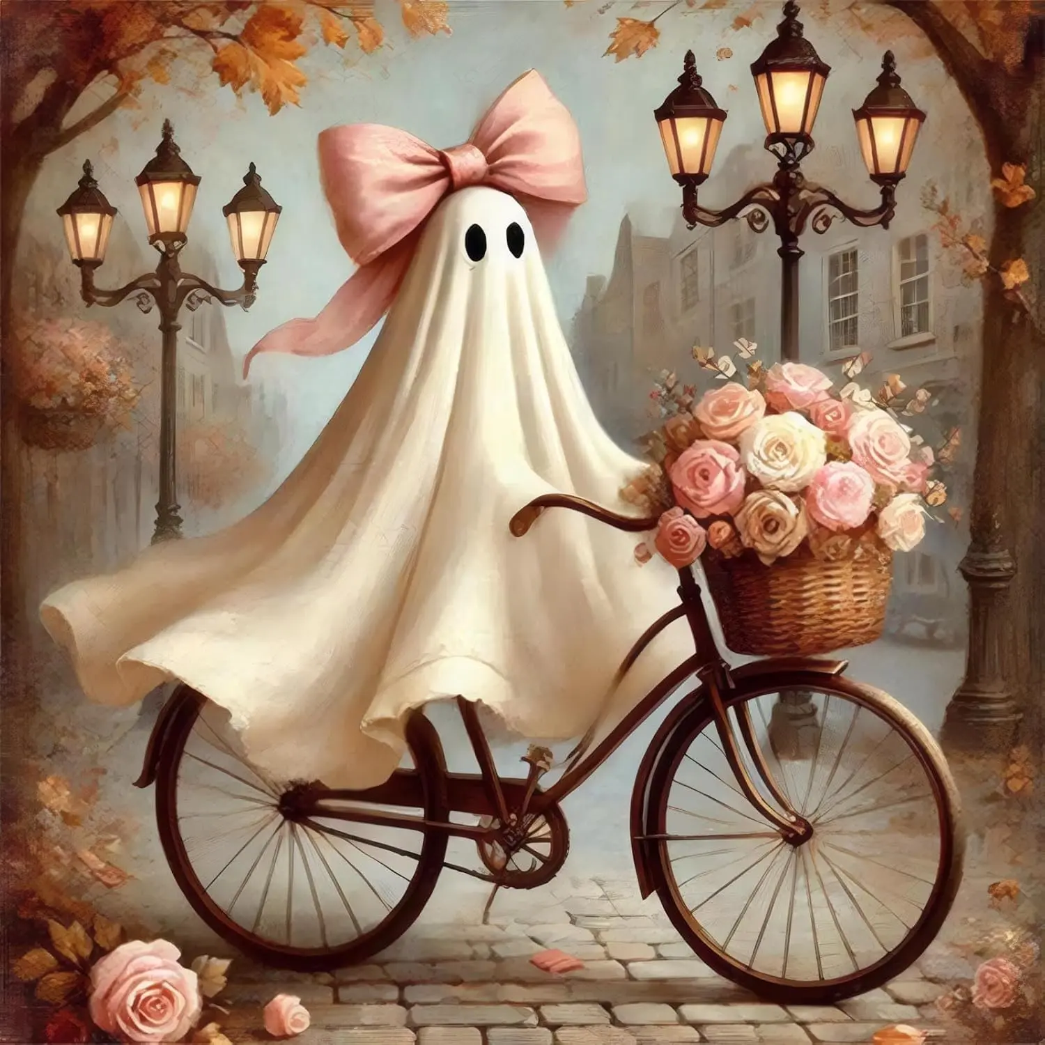 5D Diamond Painting Kit Cute Fall Ghost With Big Pink Bow Riding Vintage Bike Rose Flower Basket Street Lamp Autumn Town Cottagecore Crystal Rhinestone Wall Decor Gift