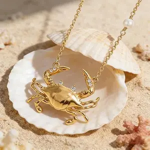 FetteroDainty Gold Pendent Necklace for Women Gold Plated Pearl CZCrab Boho Handmade Ocean Chain Necklace Summer Beach Jewelry Gift Modern Versatile Accessories Necklinphalt
