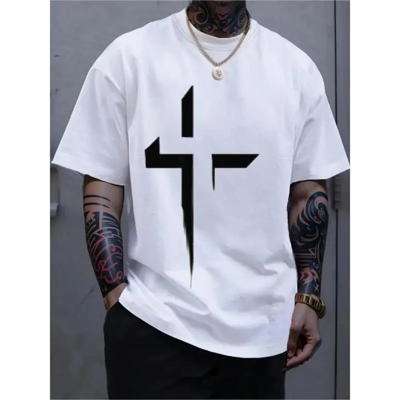 Men's All-Season Pure Cotton Crew Neck T-Shirt, with Patterned Cross Print - Casual Style, Short Sleeve, Regular Fit, Lightweight Stretch Fabric, 100% Cotton, Suitable for Daily and Weekend Wear, Four Seasons Clothing |     Modern appearance