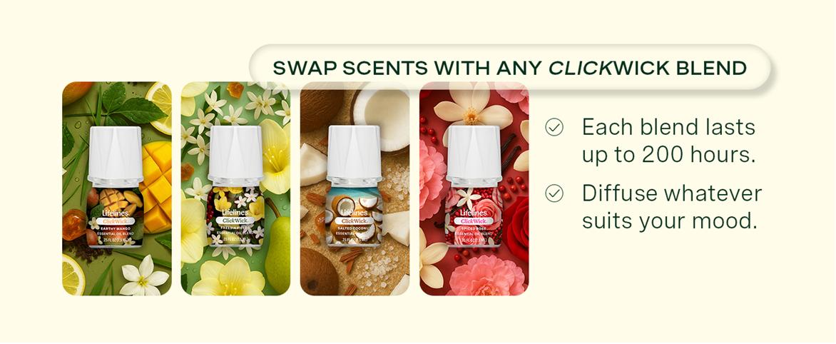 Lifelines Flameless Candle Essential Oil Diffuser Bundle with 2 ClickWick Essential Oil Blends - FREE SHIP