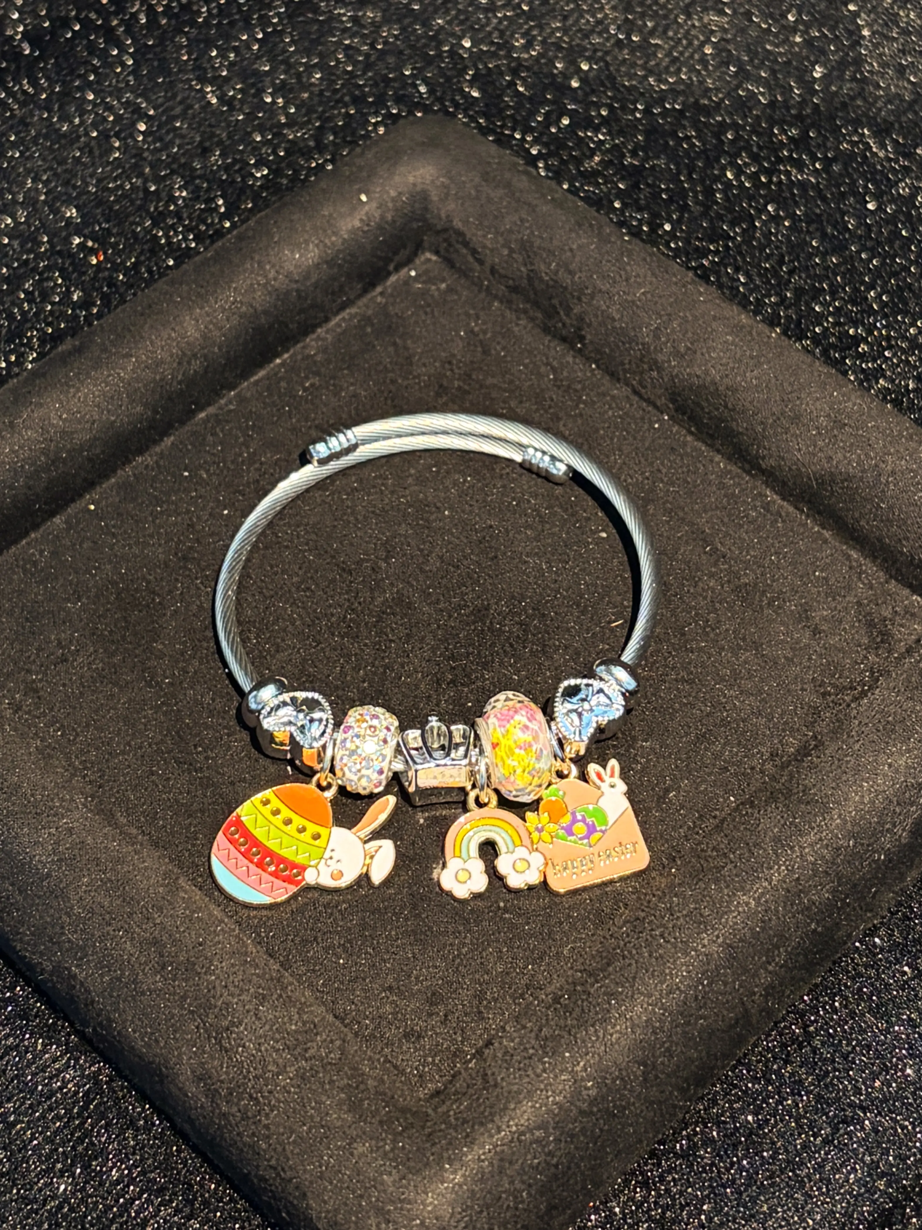 Open Wire Bangle Bracelet, Cute Bunny Egg Rainbow Enamel Dangle Charms, Colorful Statement Holiday Jewelry Gift for Women