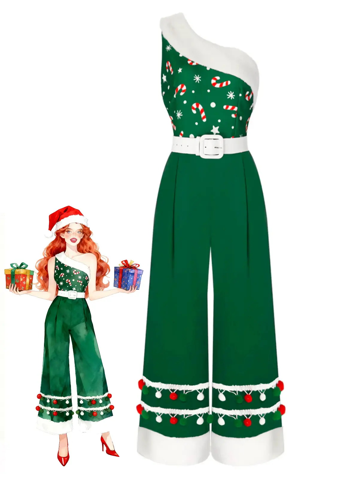 RETRO STAGE Women's Vintage 1950s Polyester 1-Shoulder Belted Ankle-Length Holiday Jumpsuit with Fur Ball Detail, XL Size, Zip Closure