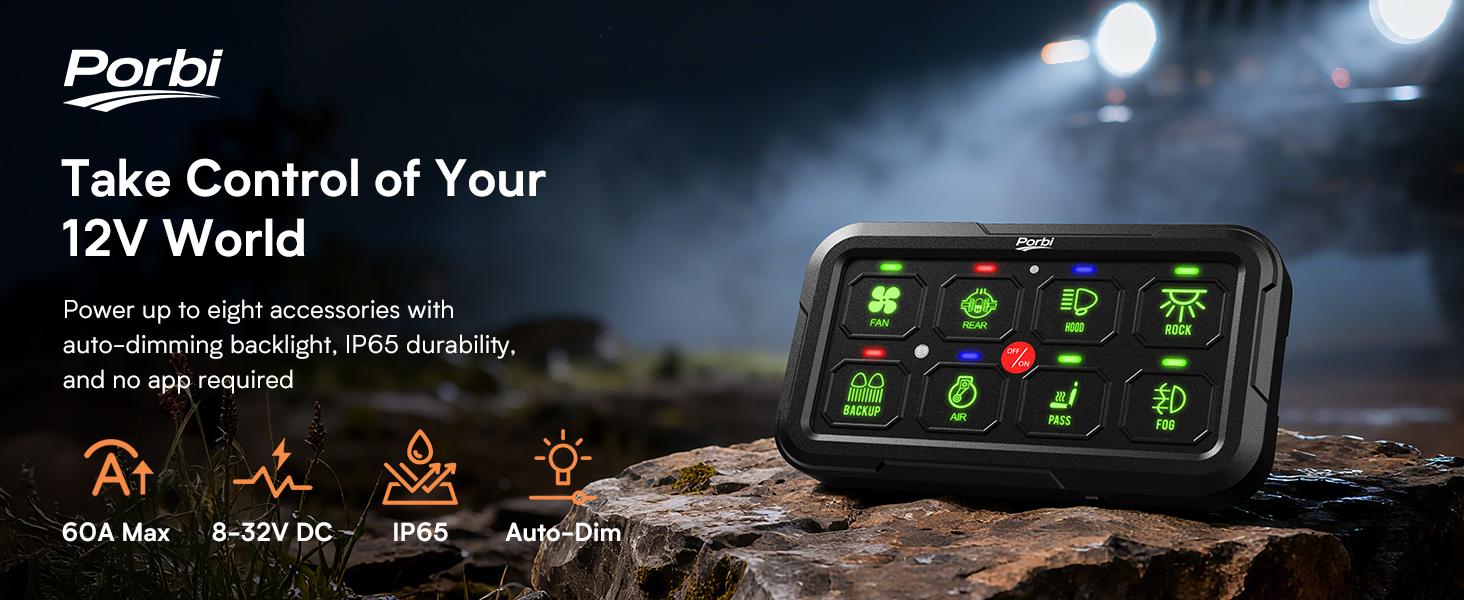 RGB 8 Gang Switch Panel, Universal Circuit Control Relay System w/Momentary Toggle Pulsed Memory Function, Automatic Dimmable, 12-24V Light Switch Panel for Truck UTV Car Boat, IP65 Waterproof