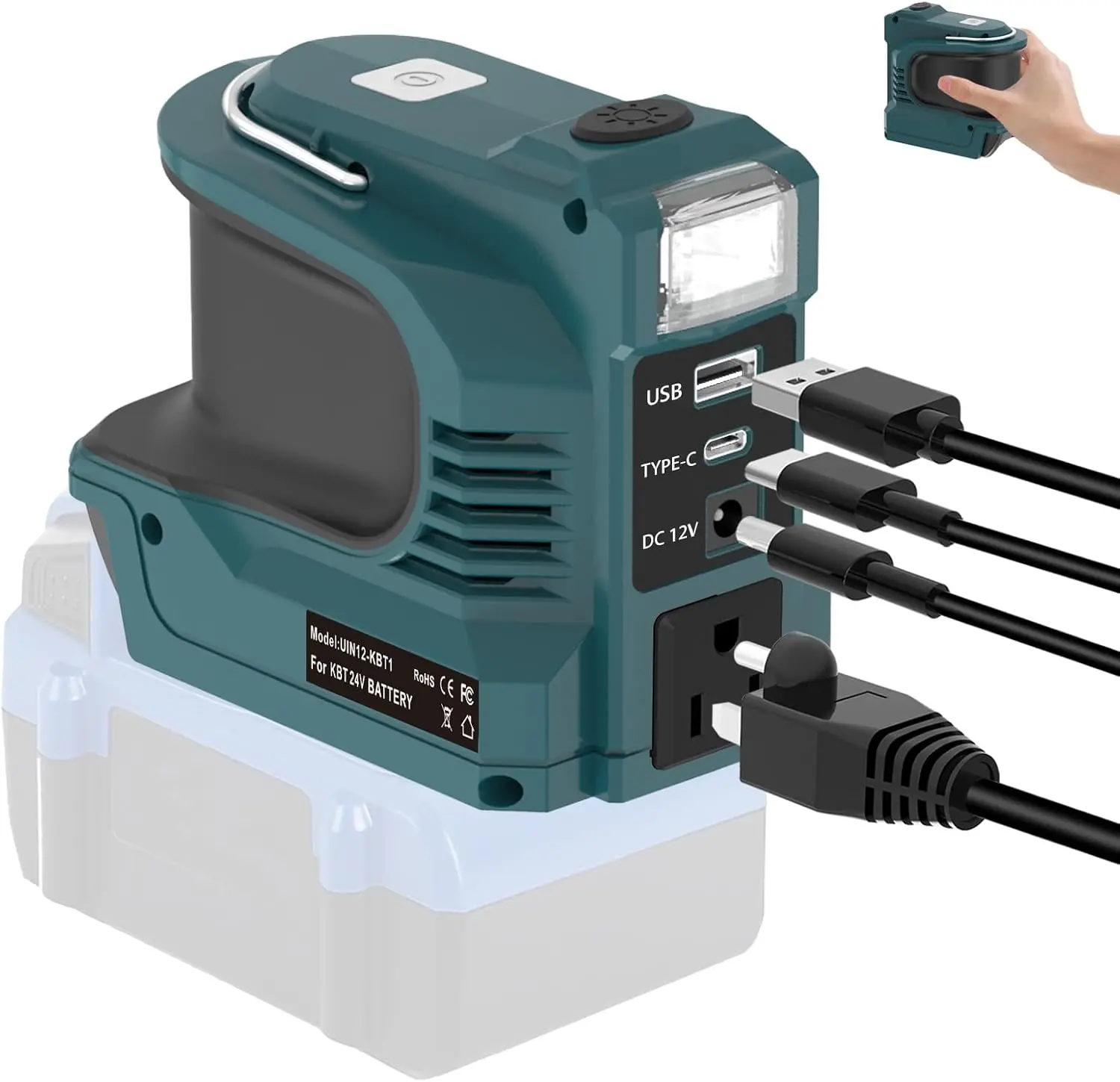 Home Inverter for Kobalt 24V Battery - 220W Portable Power Supply Adapter, DC 24V to AC 110-120V, USB, Type-C, AC Outlet, 200lm Cool White LED Light, Handheld Compact Outdoor Power Tool Accessory (No Battery)