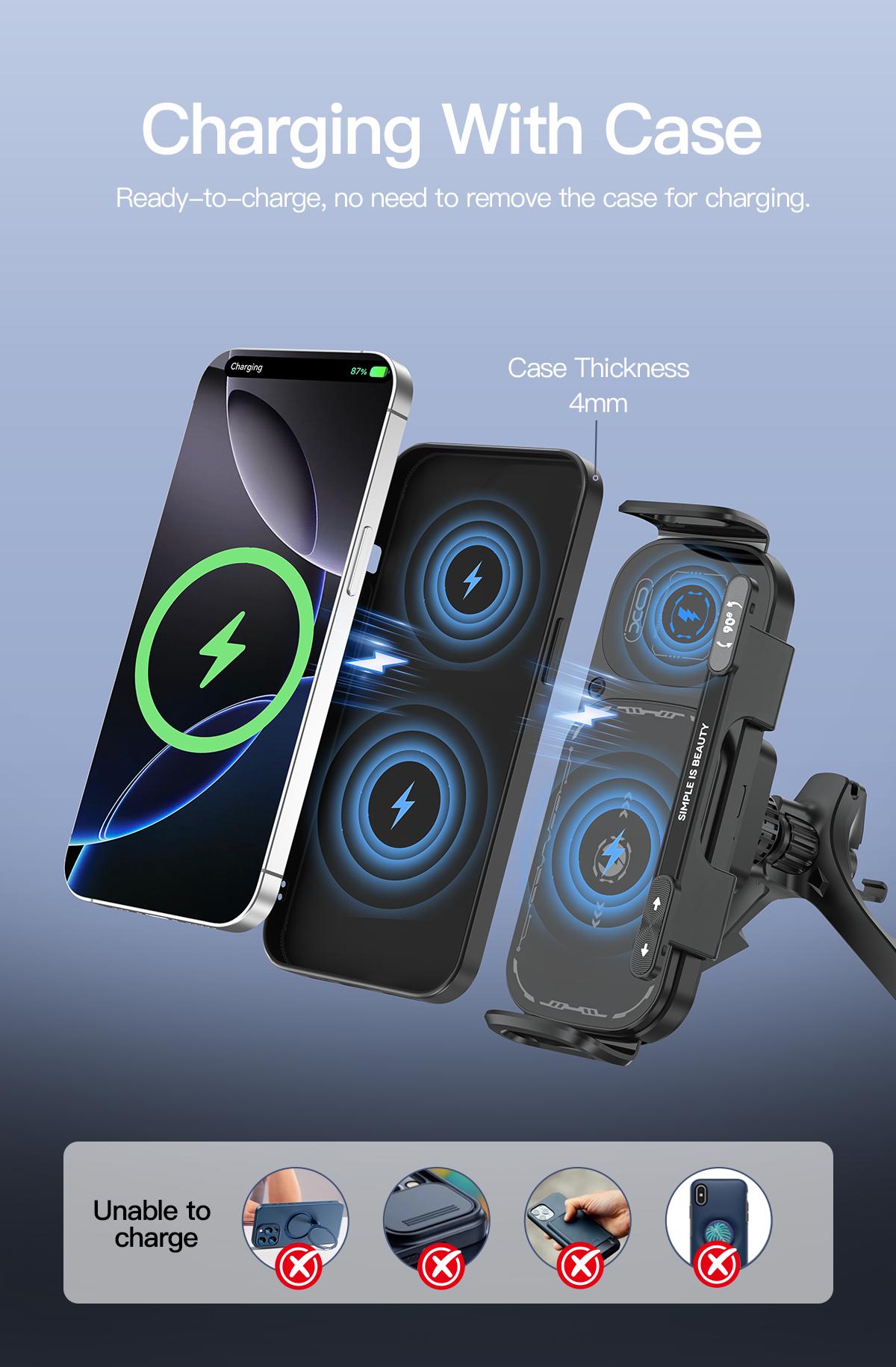 Wireless Charging Car Phone Mount for Foldable & Regular Phones - 15W Fast Charge, 90° Rotation, Air Vent Hook Clip, One-Touch Release (Fits iPhone/Samsung/Google)