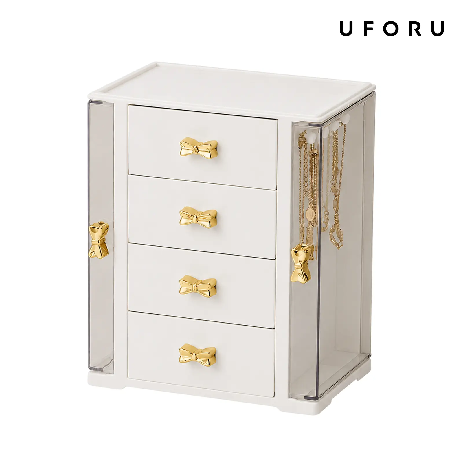 UFORU Classic Rectangular 4-Tier Multi-Layered Anti-Tangle Women's Jewelry Organizer Storage Box - 4 Drawers, 20in Compact Design, Glass Lid, Vanity Organization for Rings, Earrings, Necklaces, Bracelets