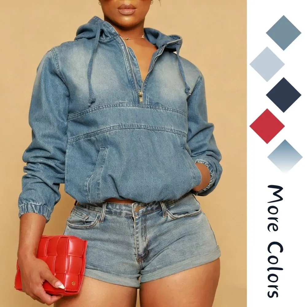 Women's Half Zip Denim Hoodie Pullover Jacket Jean Tops