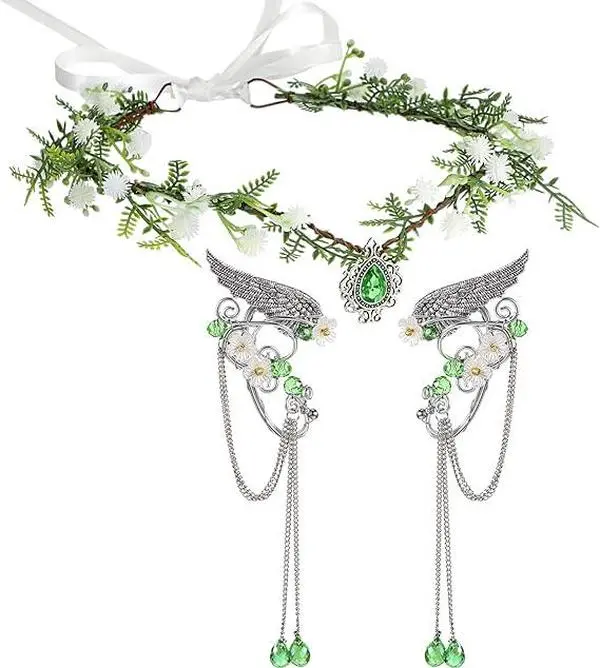 Elves Cosplay Set Fairy Flower Crown Headpiece Elf Ears Cuffs Renaissance Costume Leaf Elves Wings Ear Cuff