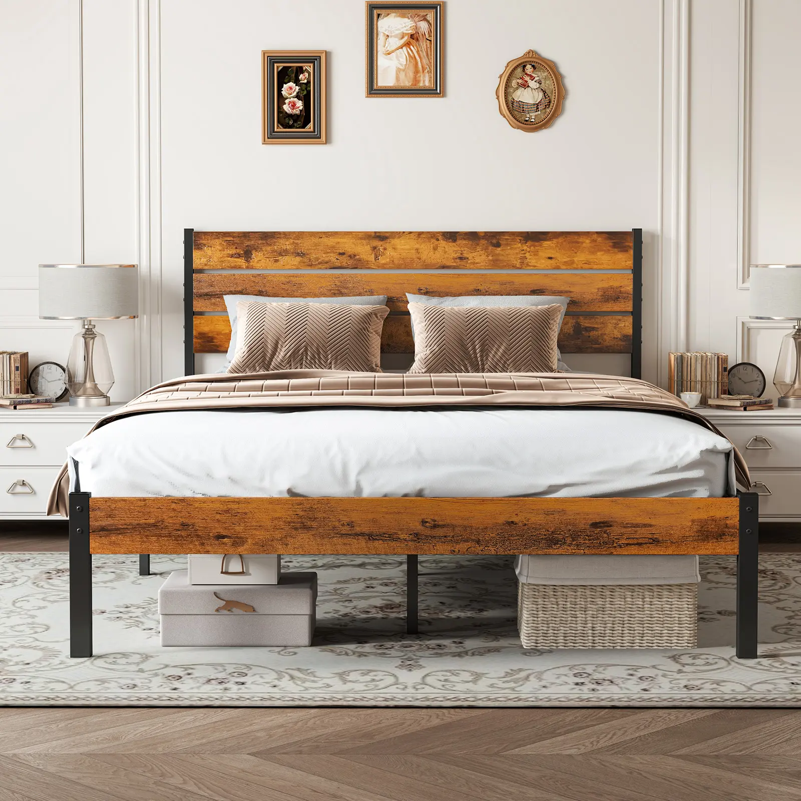 Sweetcrispy Metal Bed Frame with Headboard & Footboard - All-Metal Iron Support, Rustic Farmhouse Woodgrain HDF Look, 12.8-Inch Under-Bed Clearance, Silent Durable, No Box Spring Needed, Easy Assembly, Fit for Modern Bedroom