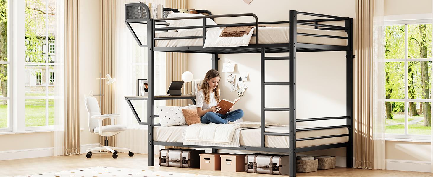 【SPOTLIGHT DAY】ONBRILL Bunk Bed Twin Over Twin, Bunk Beds with Power Desk & Outlet, Metal Bunkbeds Frame with Safety Guardrail & Ladders, Upper Bed with Storage Rack, Heavy-Duty