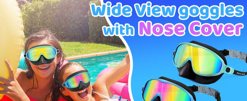 Vvinca Kids Swim Goggles with Nose Cover, 2 Pack Wide View Mask Anti-Fog UV No Leak Toddlers Swimming Goggles for 3-15