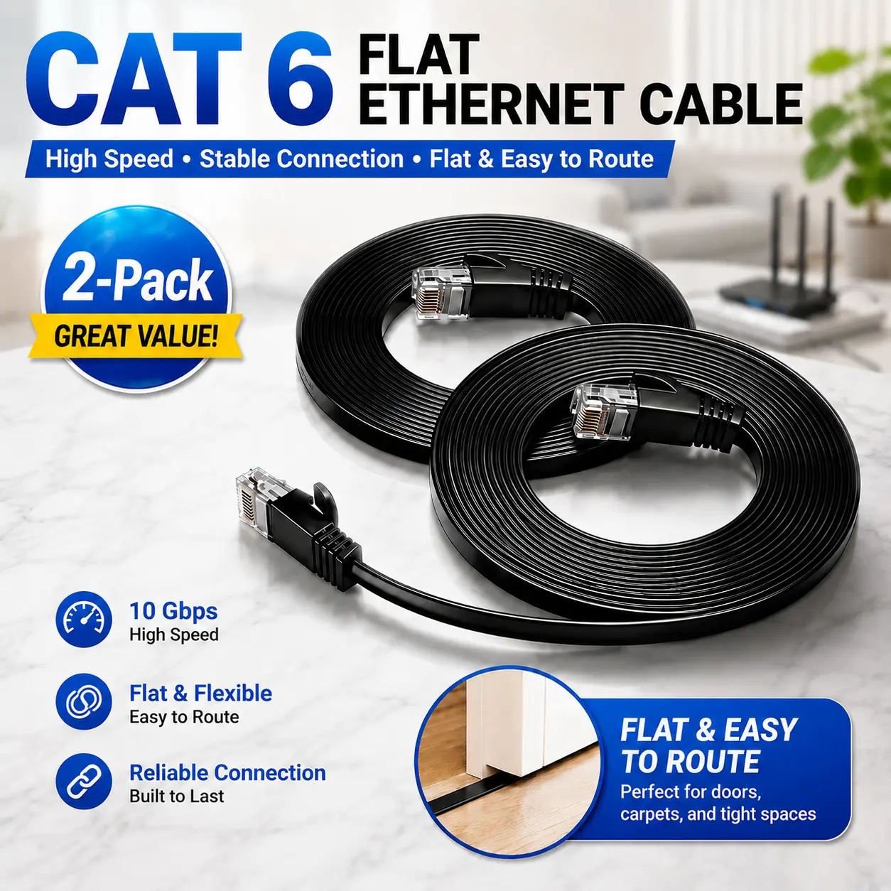 2-Pack Cat 6 Ethernet Cable, 10Gbps Support Cat8 Cat7 Network, Flat RJ45 LAN Patch Cable, High-Speed Wired Internet Cable for Router, Modem, Switch, Gaming Consoles, PC, Streaming Devices