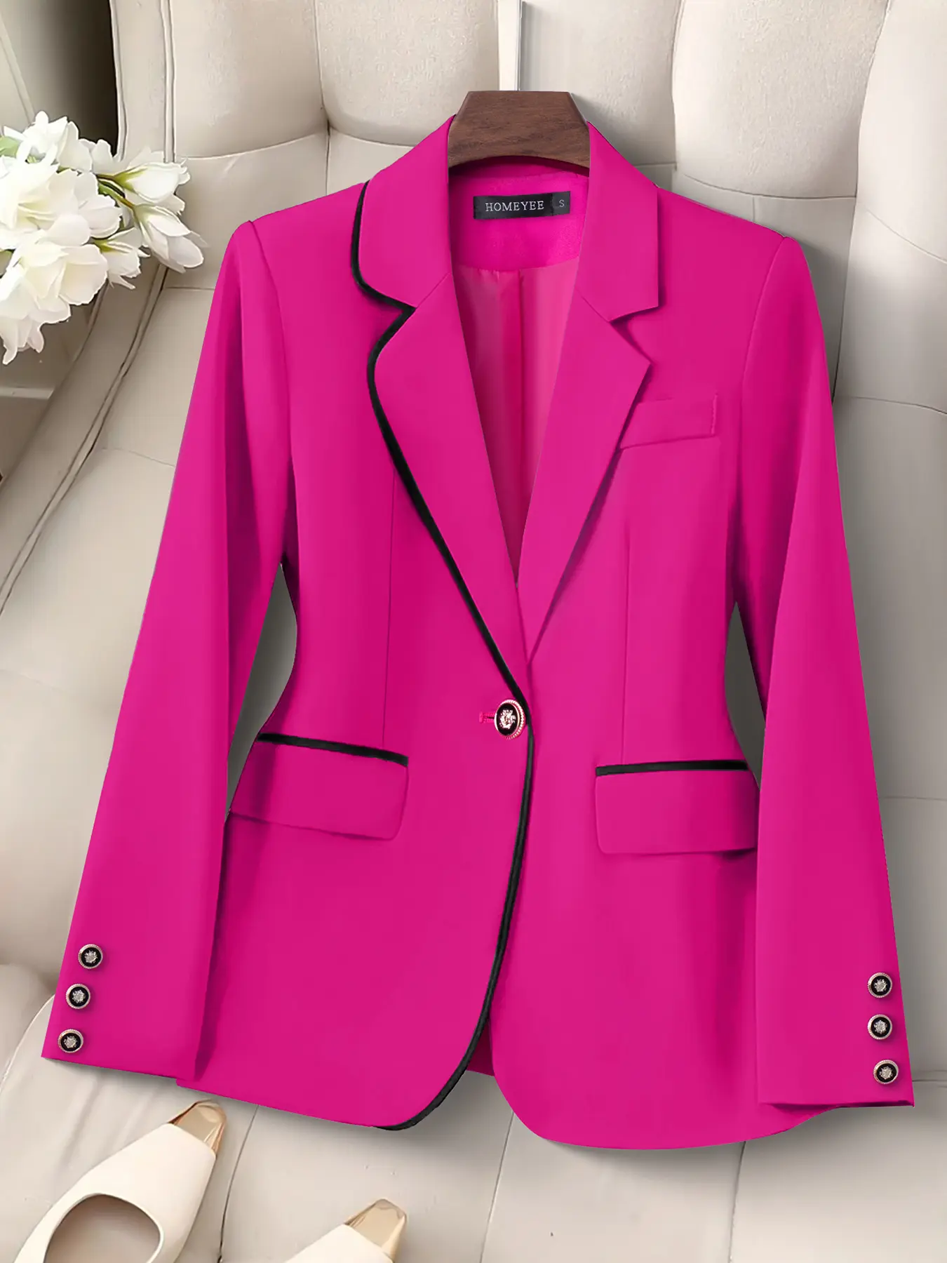 Elegant Bright Color Business Blazer for Women, Fitted Long Sleeve Office Jacket, All-Season Plain Design, Daily Commute Style Outerwear