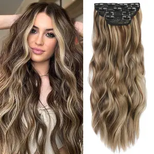 Clip in Synthetic Hair Extensions Long Wavy 4PCS Thick Hairpieces Brown with Multi - Tone Highlights Fiber Double Weft Natural Hair Extensions 20 Inch for Women synthetic hairpiece instant volume